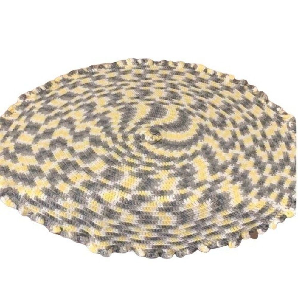 Handmade Knitted Crocheted Grey Yellow White Round lap baby Blanket